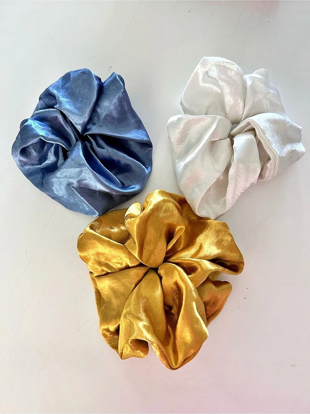 3 pc JUMBO silk Scrunchie Set in Blue, Gold and White Like New